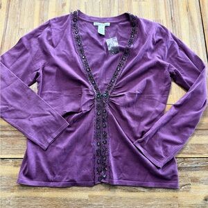 Vtg Fashion Instinct Silk Blend Women's Purple Beaded Cardigan Sweater. Size L